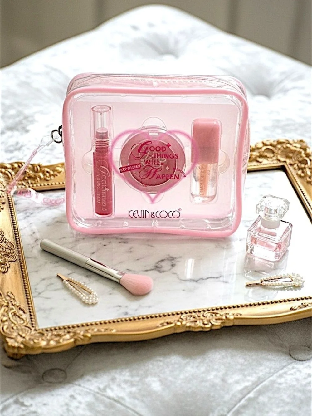 KEVIN & COCO Good Things Will Happen 3-Piece  Lip & Lt. Rose Blush Set w/Case